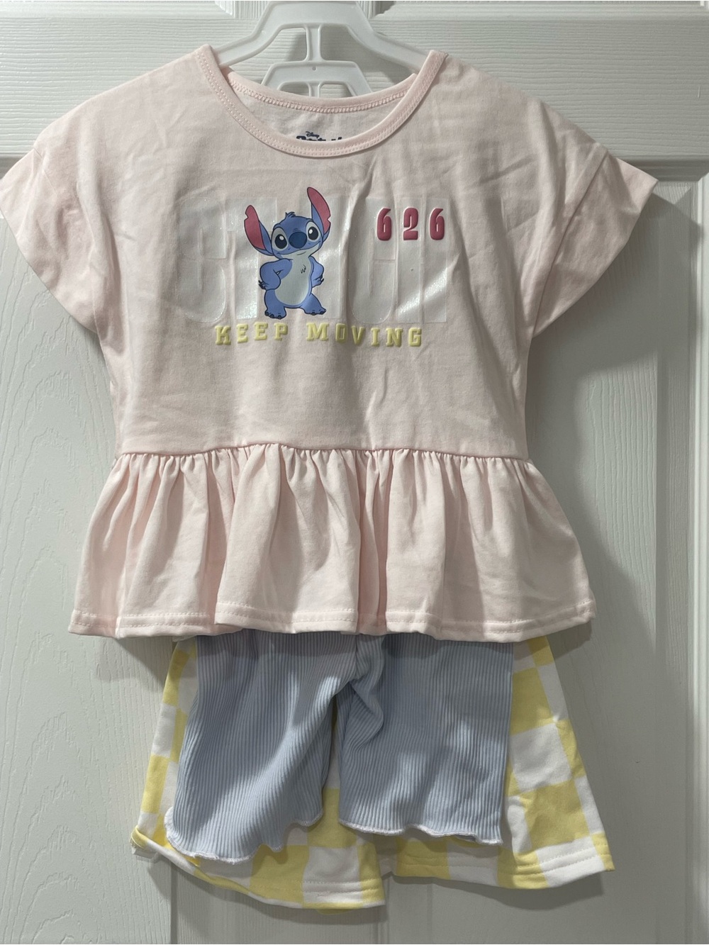 Disney Pink Stitch Peplum Pajama Set with Blue & Yellow Shorts